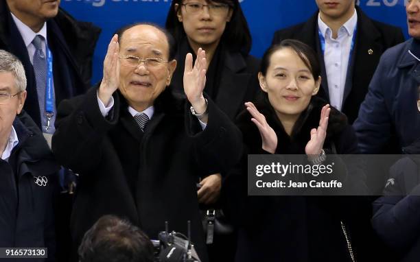 President of North Korea Kim Yong-nam and Kim Yo-jong, sister of Kim Jong-un attend the women's ice hockey preliminary match between Korea and...