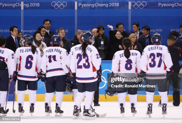 Kim Yo-jong, sister of North Korean leader Kim Jong-un, waves after the Women's Ice Hockey Preliminary Round - Group B game between Switzerland and...