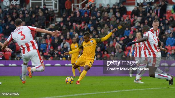 Jose Izquierdo of Brighton and Hove Albion scores his side's first goal during the Premier League match between Stoke City and Brighton and Hove...