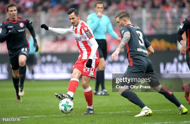 Steven Skrzybski of 1 FC Union Berlin and Andre Hoffmann of Fortuna Duesseldorf during the second Bundesliga game between Union Berlin and Fortuna...