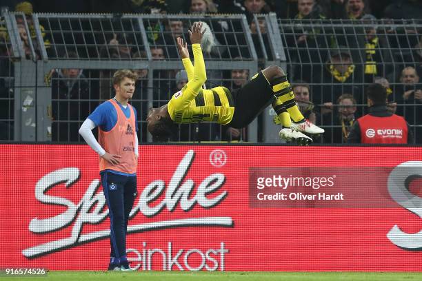 Michy Batshuayi of Dortmund celebrates with a salty after he scored a goal to make it 1:0 during the Bundesliga match between Borussia Dortmund and...
