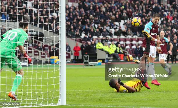 Javier Hernandez of West Ham scores their 1st goal during the Premier League match between West Ham United and Watford at London Stadium on February...