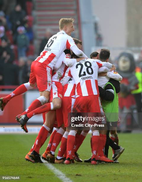 Kristian Pedersen and Christopher Trimmel of 1 FC. Union Berlin celebrate after scoring the 3:1 during the second Bundesliga game between Union...