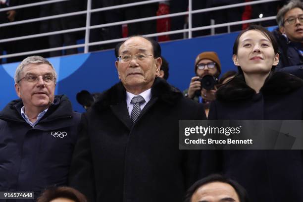 President Thomas Bach, North Korean ceremonial head of state Kim Yong Nam and Kim Yo-jong, sister of North Korean leader Kim Jong-un, attend the...