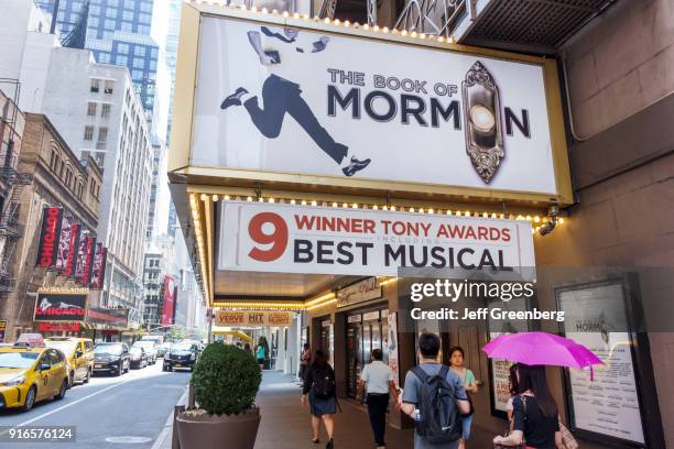 The Book of Mormon marquee at the entrance to the Eugene O'Neill Theatre.