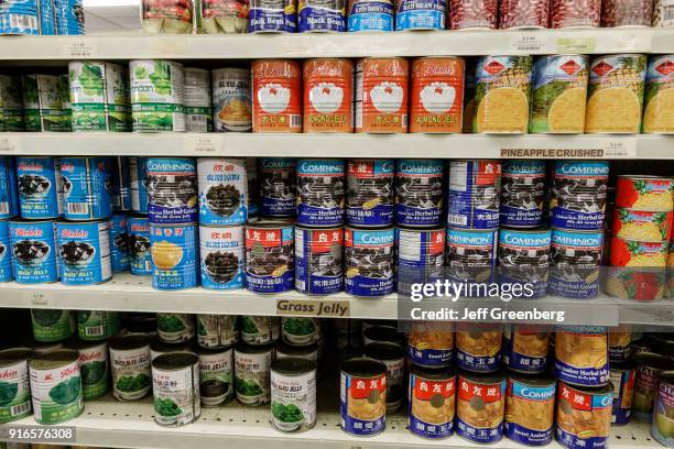 Cans of grass almond jelly for sale at Tien Hung Market Oriental Foods.