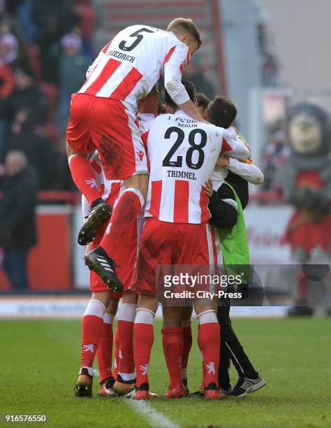 Marvin Friedrich and Christopher Trimmel of 1 FC. Union Berlin celebrate after scoring the 3:1 during the second Bundesliga game between Union Berlin...
