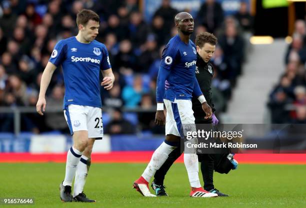 Eliaquim Mangala of Everton leaves the pitch injured during the Premier League match between Everton and Crystal Palace at Goodison Park on February...