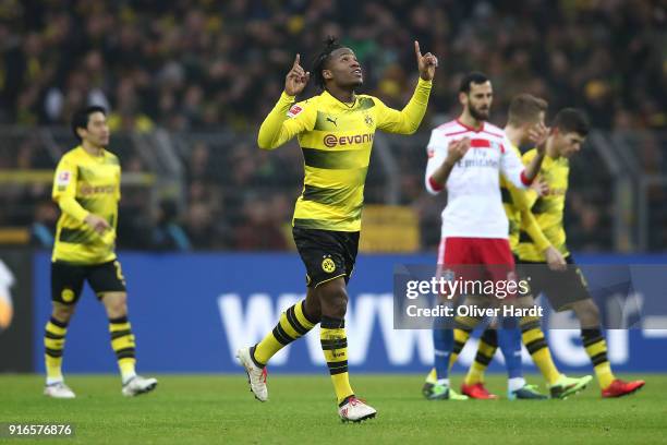 Michy Batshuayi of Dortmund celebrates after he scored a goal to make it 1:0 during the Bundesliga match between Borussia Dortmund and Hamburger SV...