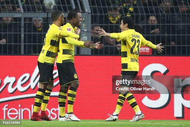 Michy Batshuayi of Dortmund celebrates with his team after he scored a goal to make it 1:0 during the Bundesliga match between Borussia Dortmund and...
