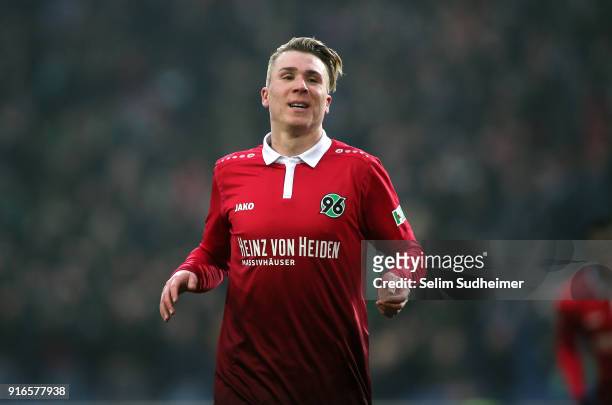 Felix Klaus of Hannover 96 celebrates his team's second goal scoring during the Bundesliga match between Hannover 96 and Sport-Club Freiburg at...
