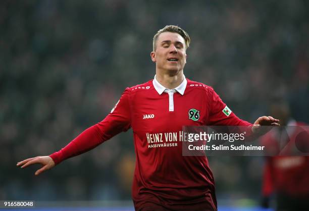 Felix Klaus of Hannover 96 celebrates scoring his team's second goal during the Bundesliga match between Hannover 96 and Sport-Club Freiburg at...