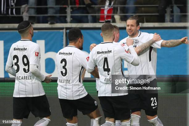 Marco Russ of Frankfurt celebrates after he scored a goal to make it 2:1 during the Bundesliga match between Eintracht Frankfurt and 1. FC Koeln at...