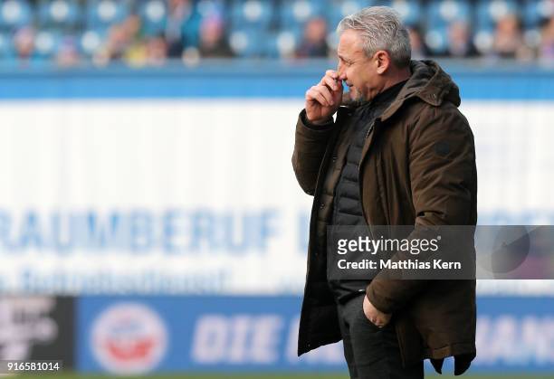 Head coach Pavel Dotchev of Rostock looks on during the 3. Liga match between F.C. Hansa Rostock and FC Wuerzburger Kickers at Ostseestadion on...
