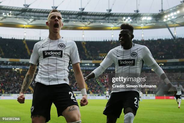 Marius Wolf of Frankfurt celebrates with Danny da Costa of Frankfurt after he scored a goal to make it 4:1 during the Bundesliga match between...