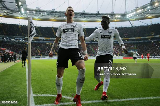Marius Wolf of Frankfurt celebrates with Danny da Costa of Frankfurt after he scored a goal to make it 4:1 during the Bundesliga match between...