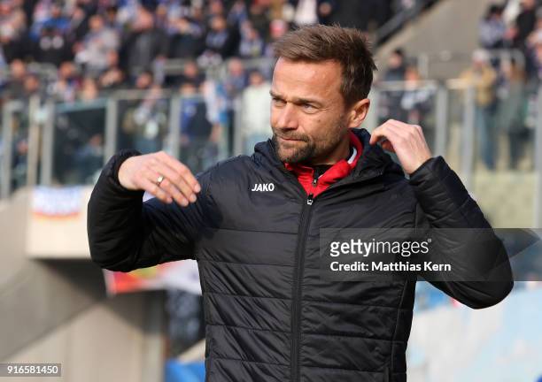Head coach Michael Schiele of Wuerzburg looks on prior to the 3. Liga match between F.C. Hansa Rostock and FC Wuerzburger Kickers at Ostseestadion on...
