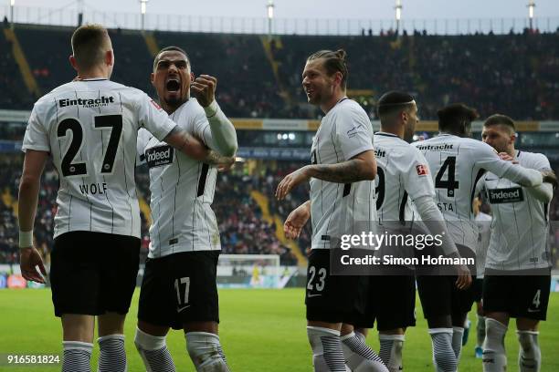 Kevin Prince-Boateng of Frankfurt celebrate after Marius Wolf of Frankfurt scored a goal to make it 4:1 during the Bundesliga match between Eintracht...