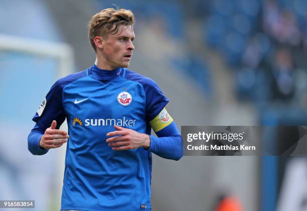 Oliver Huesing of Rostock looks on during the 3. Liga match between F.C. Hansa Rostock and FC Wuerzburger Kickers at Ostseestadion on February 10,...