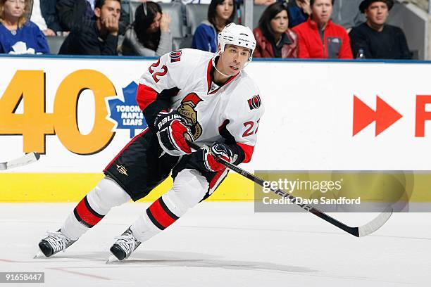 Chris Kelly of the Ottawa Senators skates during the game against the Toronto Maple Leafs at Air Canada Centre on October 6, 2009 in Toronto,...