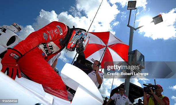 Ryan Briscoe driver of the Team Penske Dallara Honda during practice for the IndyCar Series Firestone Indy 300 on October 9, 2009 at the...