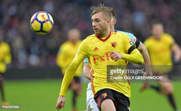 Watford's Spanish midfielder Gerard Deulofeu controls the ball during the English Premier League football match between West Ham United and Watford...