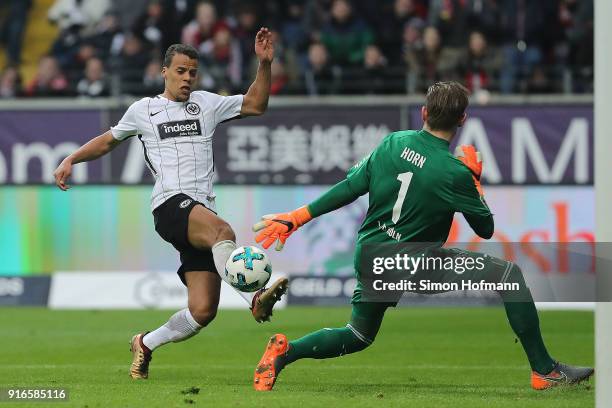 Timothy Chandler of Frankfurt tries to play the ball past goalkeeper Timo Horn of Koeln during the Bundesliga match between Eintracht Frankfurt and...