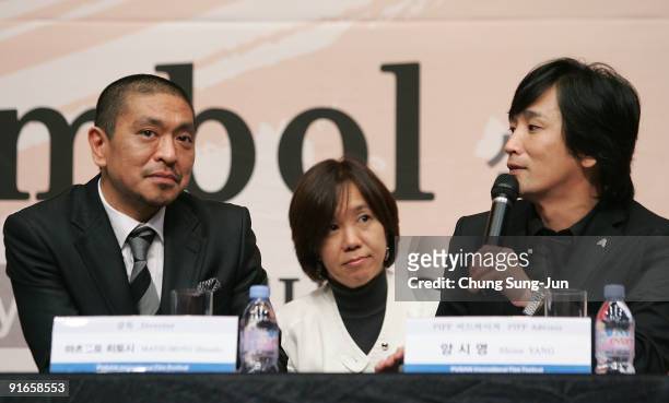 Director and actor Hitoshi Matsumoto and PIFF advisor Yang Si-Young attend a at the Press Conference-Gala Presentation 'Symbol' during the 14th Pusan...
