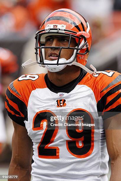 Defensive back Leon Hall of the Cincinnati Bengals warms up prior to a game on October 4, 2009 against the Cleveland Browns at Cleveland Browns...