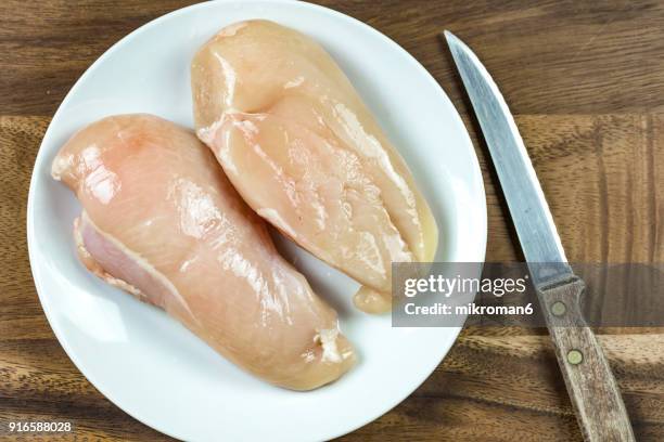 raw chicken breast on white plate - chicken breast stock pictures, royalty-free photos & images