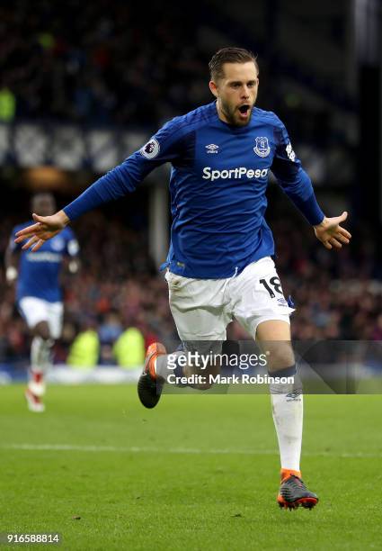 Gylfi Sigurdsson of Everton celebrates after scoring his sides first goal during the Premier League match between Everton and Crystal Palace at...