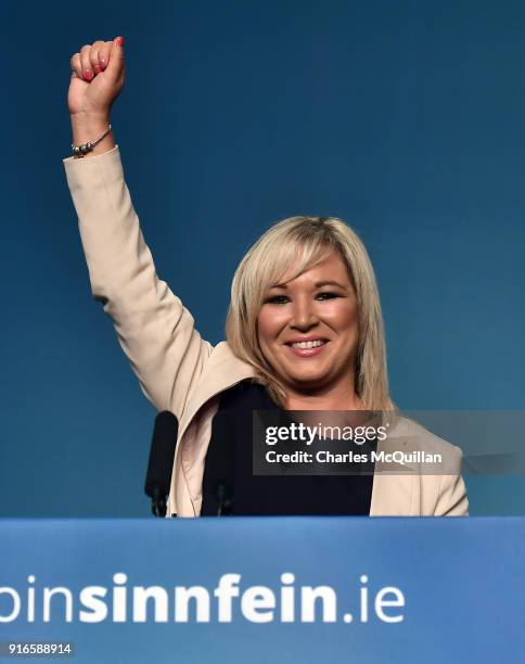 Michelle O'Neill addresses delegates and the media after being elected as the new vice President of Sinn Fein at the party's Ard Fheis at the RDS on...