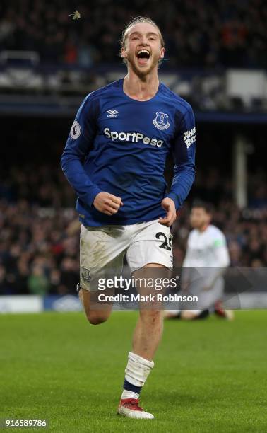 Tom Davies of Everton celebrates after scoring his sides third goal during the Premier League match between Everton and Crystal Palace at Goodison...