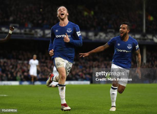 Tom Davies of Everton celebrates after scoring his sides third goal during the Premier League match between Everton and Crystal Palace at Goodison...