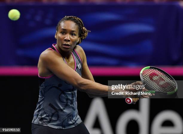 Venus Williams of Team USA warms up before the first round of the 2018 Fed Cup at US Cellular Center on February 10, 2018 in Asheville, North...