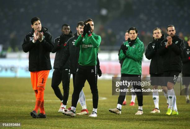 Hannover 96 Team celebrate their win with the Fans after the Bundesliga match between Hannover 96 and Sport-Club Freiburg at HDI-Arena on February...