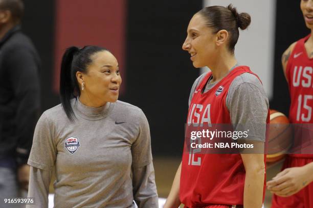 Dawn Staley of the 2018 USA Basketball Women's National Team coaches Diana Taurasi during training camp at the University of South Carolina on...