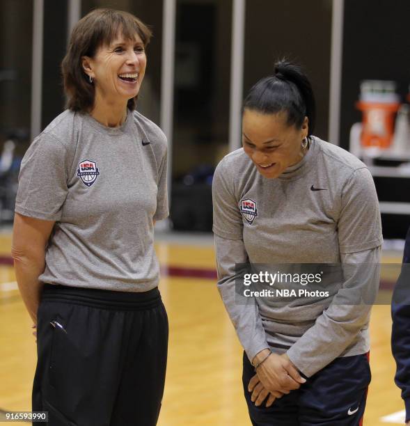 Dawn Staley of the 2018 USA Basketball Women's National Team laughs during training camp at the University of South Carolina on February 9, 2018 in...