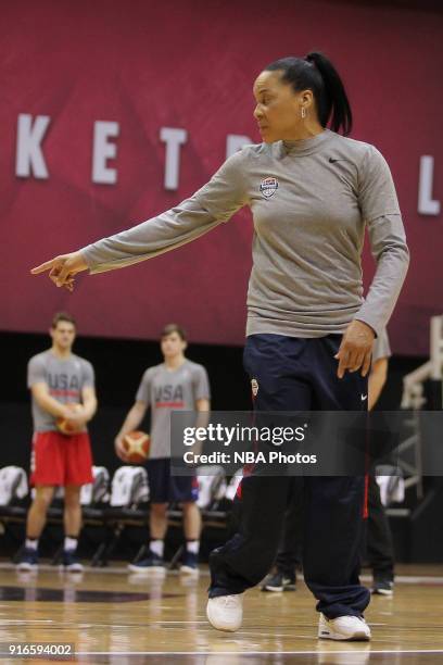 Dawn Staley of the 2018 USA Basketball Women's National Team coaches during training camp at the University of South Carolina on February 9, 2018 in...