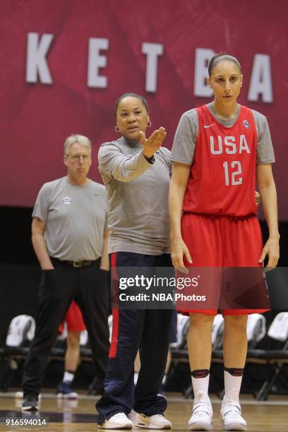 Dawn Staley of the 2018 USA Basketball Women's National Team coaches Diana Taurasi during training camp at the University of South Carolina on...