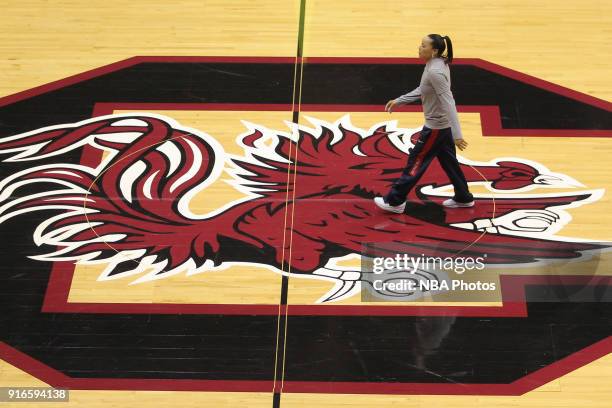 Dawn Staley of the 2018 USA Basketball Women's National Team coaches during training camp at the University of South Carolina on February 9, 2018 in...