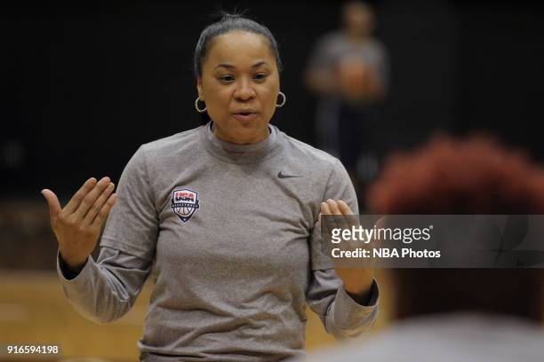 Dawn Staley of the 2018 USA Basketball Women's National Team coaches during training camp at the University of South Carolina on February 9, 2018 in...