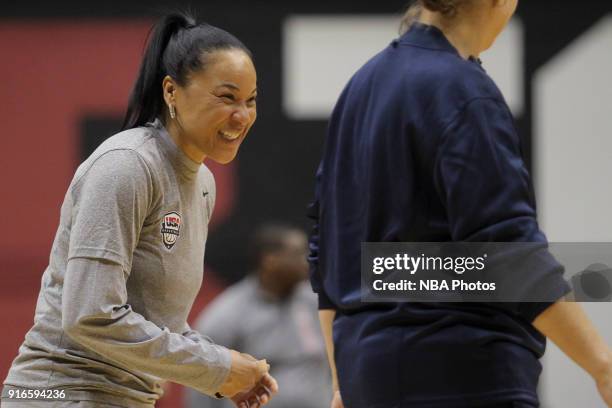 Dawn Staley of the 2018 USA Basketball Women's National Team coaches during training camp at the University of South Carolina on February 9, 2018 in...