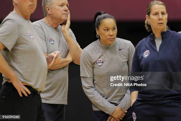 Dawn Staley of the 2018 USA Basketball Women's National Team coaches during training camp at the University of South Carolina on February 9, 2018 in...