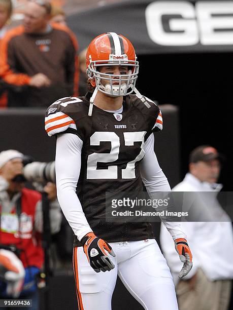 Defensive back Nick Sorensen of the Cleveland Browns warms up prior to a game on October 4, 2009 against the Cincinnati Bengals at Cleveland Browns...