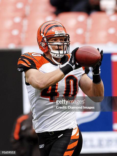 Running back Brian Leonard of the Cincinnati Bengals catches a pass prior to a game on October 4, 2009 against the Cleveland Browns at Cleveland...