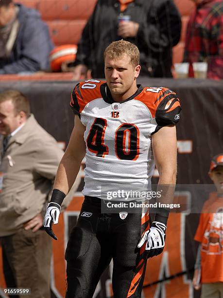 Running back Brian Leonard of the Cincinnati Bengals warms up prior to a game on October 4, 2009 against the Cleveland Browns at Cleveland Browns...