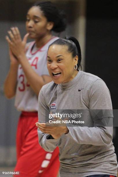 Dawn Staley of the 2018 USA Basketball Women's National Team coaches during training camp at the University of South Carolina on February 9, 2018 in...