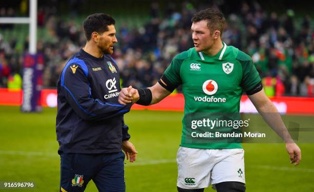 Dublin , Ireland - 10 February 2018; Ian McKinley, left, of Italy and Peter O'Mahony of Ireland after the Six Nations Rugby Championship match...