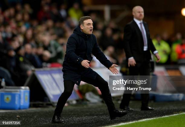 Carlos Carvalhal, Manager of Swansea City reacts during the Premier League match between Swansea City and Burnley at Liberty Stadium on February 10,...